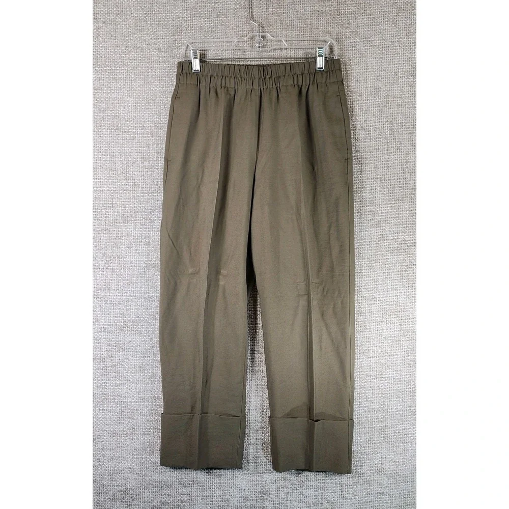 ZARA Straight Leg Pull On Wide Cuff Pants Womens M Green Linen Look Office NWT